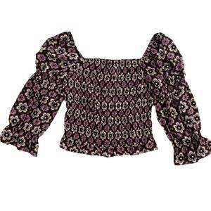 NWT LN San Francisco Smocked Floral Top Square Neck Puff Sleeve Boho M